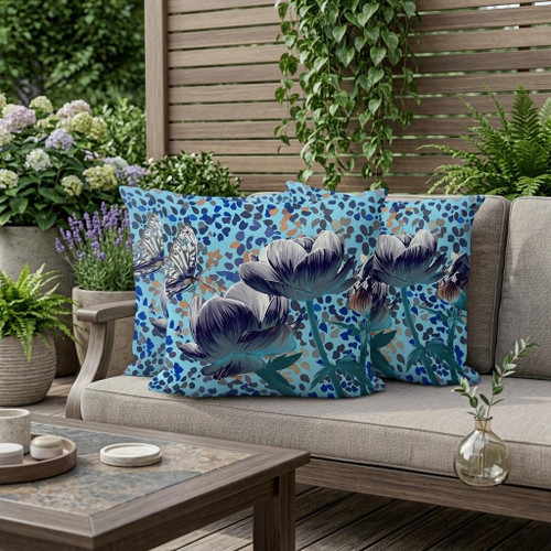 Set of Three Indigo White Aqua And Sky Blue Floral Indoor Outdoor Throw Pillow