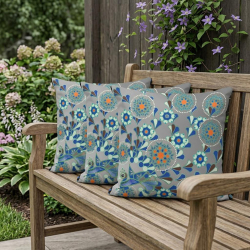Set of Three Gray Orange And Black Peacock Floral Indoor Outdoor Throw Pillow