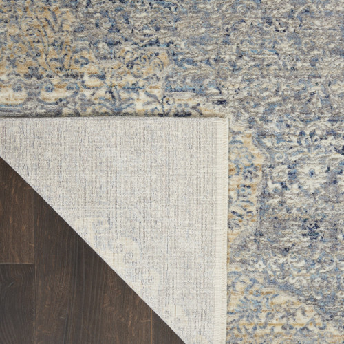 8' Blue Gray And Cream Floral Non Skid Runner Rug With Fringe
