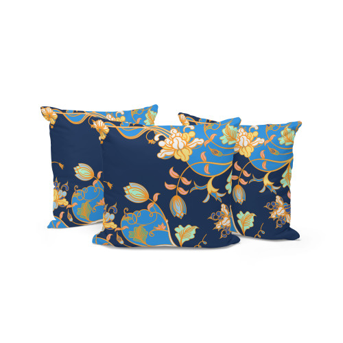 Set of Three Light Blue And Navy Blue Floral Indoor Outdoor Throw Pillow