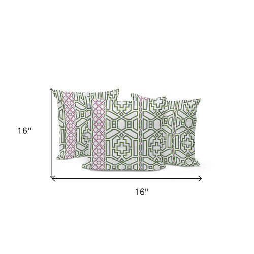 Set of Three White Purple And Light Green Geometric Indoor Outdoor Throw Pillow
