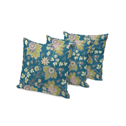 Set of Three Green And Blue Floral Indoor Outdoor Throw Pillow