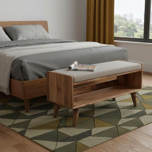 35" Brown Linen and Solid Wood Upholstered Storage Bench With Cabinet