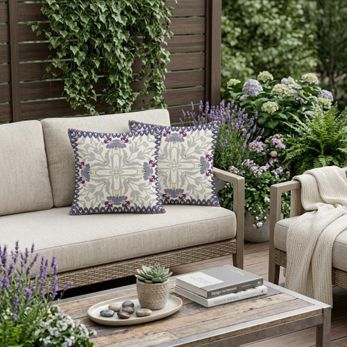 Set of Two Gray And Beige Botanical Indoor Outdoor Throw Pillow