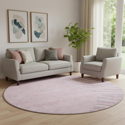 8' Blush And Ivory Abstract Washable Round Rug With UV Protection