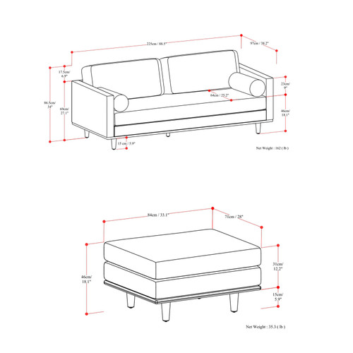 89" Gray Fabric Sofa With Ottoman With Brown Legs