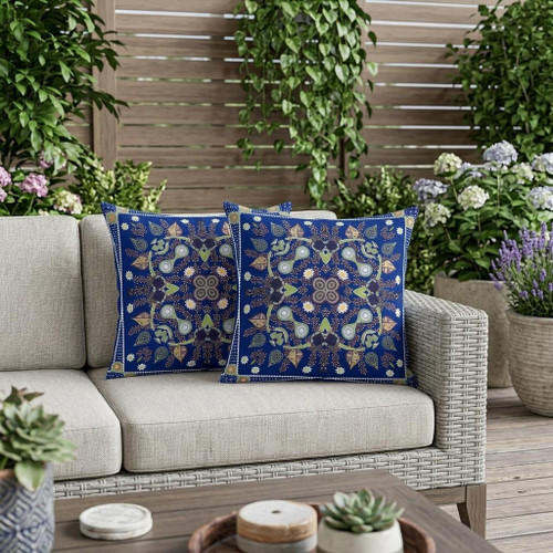 Set of Two Blue And Light Green Botanical Indoor Outdoor Throw Pillow