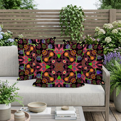 Set of Three Black Gold And Pink Paisley Indoor Outdoor Throw Pillow