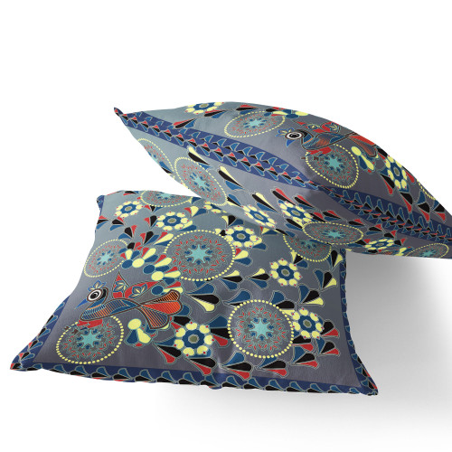 Set of Two Gray Red And Blue Peacock Floral Indoor Outdoor Throw Pillow