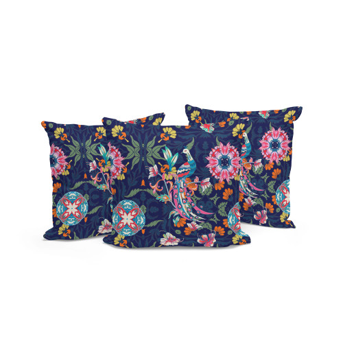 Set of Three Indigo Green Pink And Orange Peacock Indoor Outdoor Throw Pillow