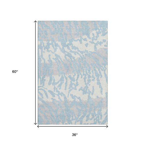 3' X 5' Sky Blue And Ivory Animal Print Washable Area Rug With UV Protection