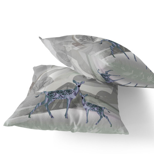 Set of Two Gray And Green Deer Indoor Outdoor Throw Pillow
