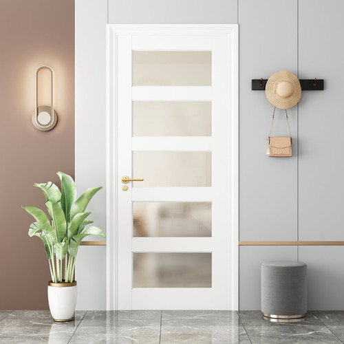 80" White Wood, Glass Slab Door