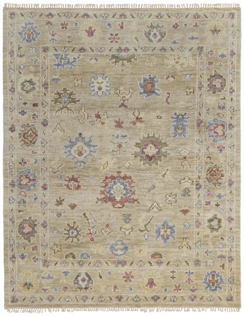 12' X 15' Tan Brown and Blue Wool Floral Hand Knotted Area Rug With Fringe