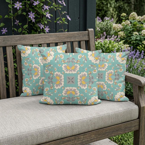 Set of Three Green And White Floral Indoor Outdoor Throw Pillow