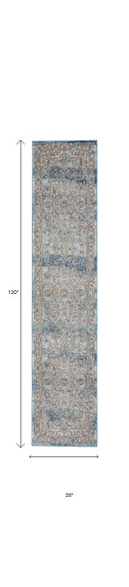 10' Ivory And Blue Floral Distressed Runner Rug