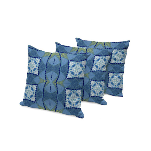 Set of Three Blue Sage And Off White Abstract Indoor Outdoor Throw Pillow