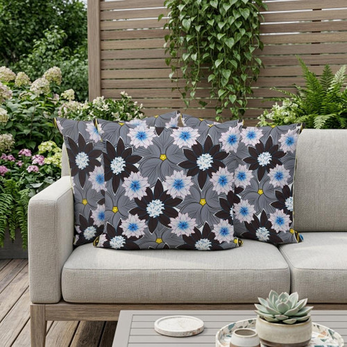 Set of Three Gray Brown And Blue Floral Indoor Outdoor Throw Pillow