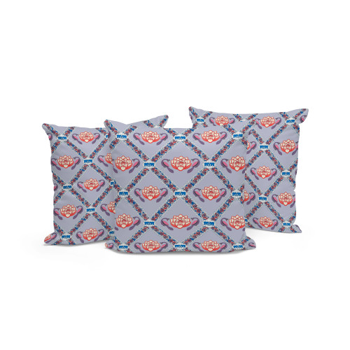 Set of Three Gray Red And Blue Peacock Floral Indoor Outdoor Throw Pillow