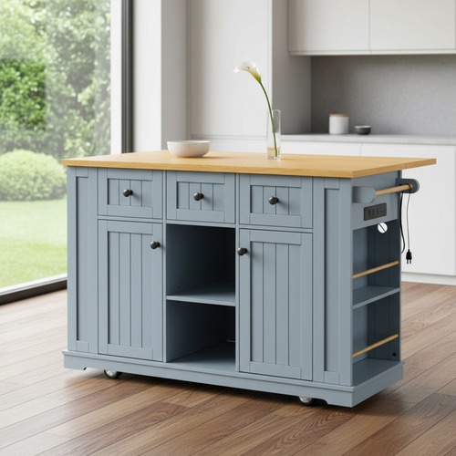 53" Light Blue Wood Barn Door Rolling Kitchen Island Set With Storage With USB