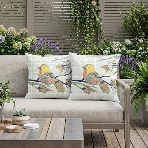 Set of Two Light Green Yellow And Off White Bird Indoor Outdoor Throw Pillow