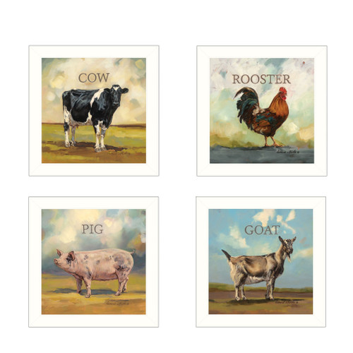 Homeroots Home Decor Set Of Four Farm Animals 2 White Framed Print Wall Art, White, Set of 4
