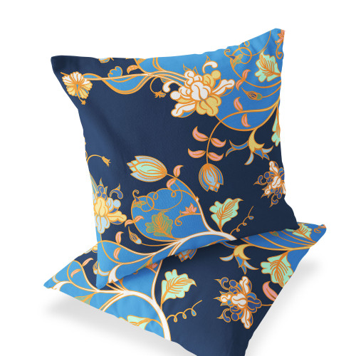 Set of Two Light Blue And Navy Blue Floral Indoor Outdoor Throw Pillow