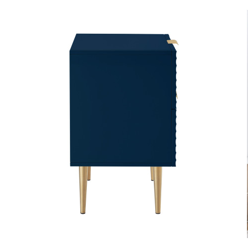 24" Navy Blue and Gold Wood and Stainless Steel End Table With Two Drawers