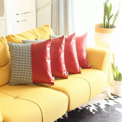 Boho-Chic Vegan Faux Leather Throw Pillow Set of 4