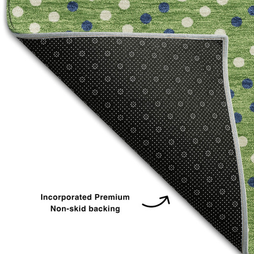 8' Green Ivory And Blue Polka Dot Washable Round Rug With UV Protection