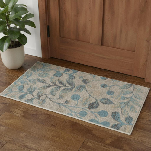 2' X 4' Ivory And Turquoise Botanical Leaves Area Rug
