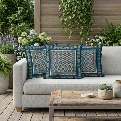 Set of Three Blue And Beige Floral Indoor Outdoor Throw Pillow