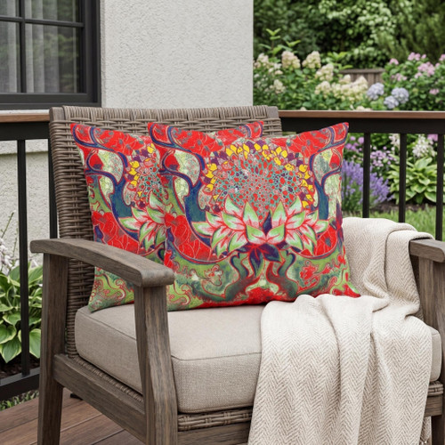 Set of Two Red Green And Yellow Sunflower Indoor Outdoor Throw Pillow