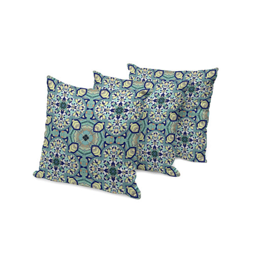 Set of Three Green And Cream Floral Indoor Outdoor Throw Pillow