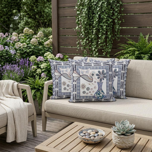 Set of Three Beige And Orange Peacock Indoor Outdoor Throw Pillow