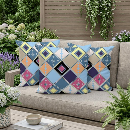 Set of Three Blue And Purple Diamond Indoor Outdoor Throw Pillow