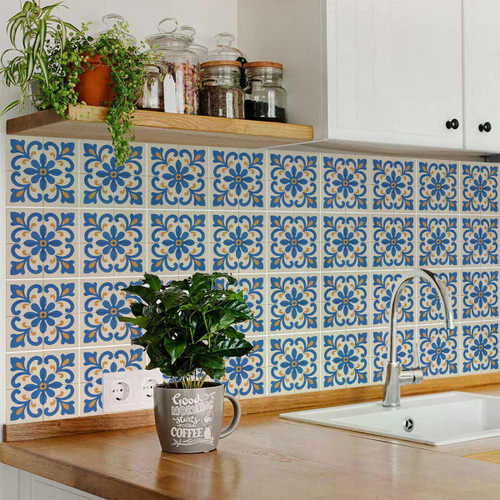 12" x 12" Blue Vinyl Arabesque Peel And Stick Removable Tiles