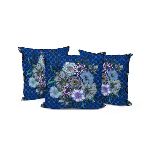 Set of Three Blue Botanical Indoor Outdoor Throw Pillow