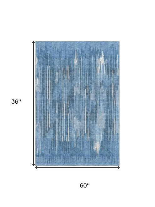3' X 5' Blue And Ivory Striped Washable Area Rug With UV Protection