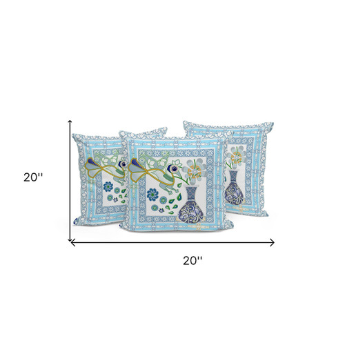Set of Three White Peacock Indoor Outdoor Throw Pillow