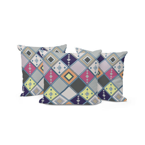 Set of Three Beige Pink And Gray Diamond Indoor Outdoor Throw Pillow