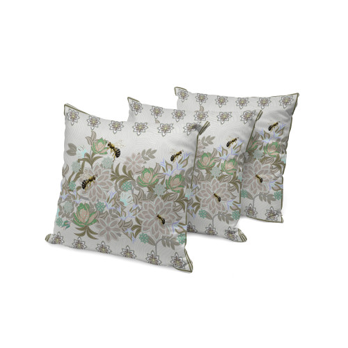 Set of Three Beige Yellow Green And Brown Bee Floral Indoor Outdoor Throw Pillow