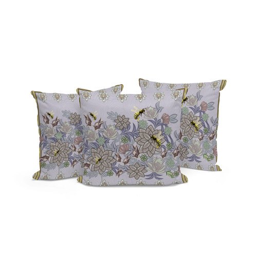 Set of Three Purple And Brown Bee Floral Indoor Outdoor Throw Pillow