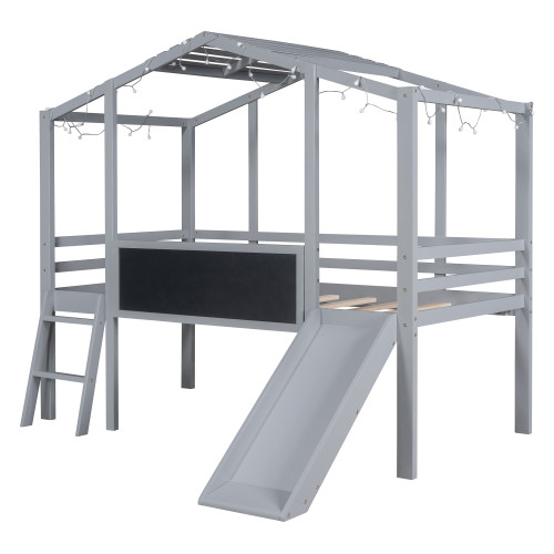 Gray Canopy Wood Twin Loft Bed with Slide