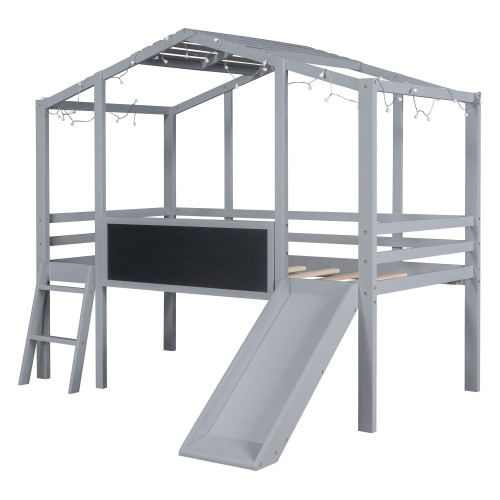 Gray Canopy Wood Twin Loft Bed with Slide