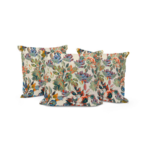 Set of Three Green Beige Orange And White Floral Indoor Outdoor Throw Pillow