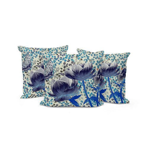 Set of Three Gray Indigo Blue And Cream Butterfly Floral Indoor Outdoor Throw Pillow