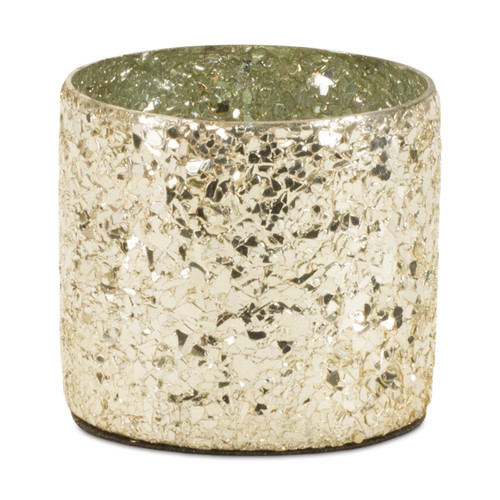 Set of Two Gold Distressed Abstract Glass Tabletop Hurricane Candle Holders