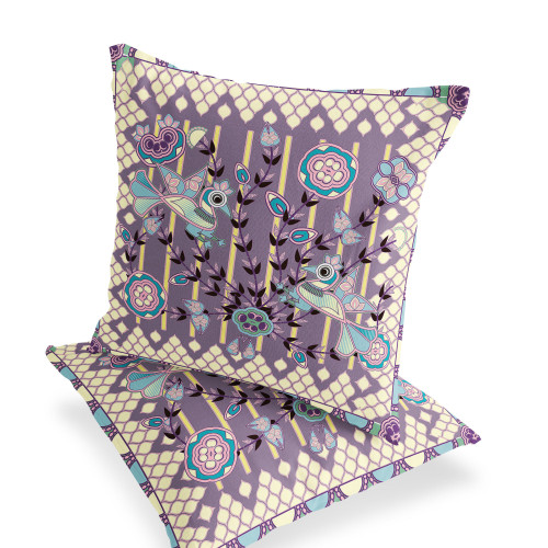 Set of Two Purple And Yellow Peacock Indoor Outdoor Throw Pillow