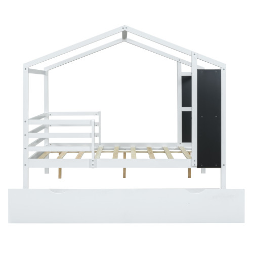 White Wood Full House Bed With Trundle